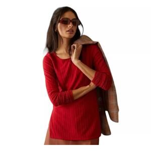 Anthropologie Red Viscose Long Sleeve Striped Crewneck Top Women's size Small